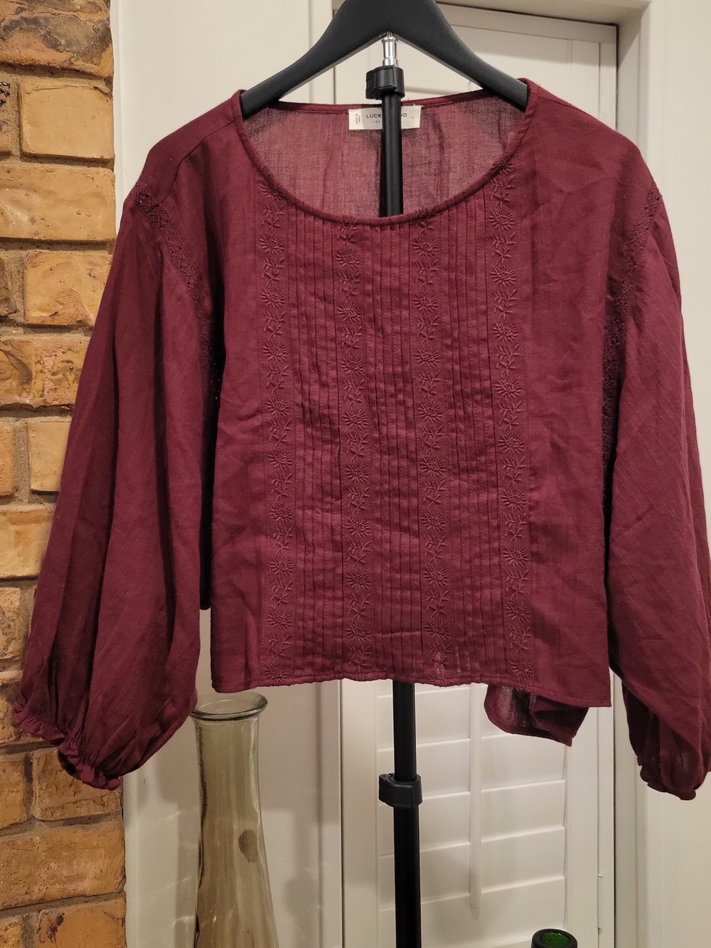 Lucky Brand Burgundy Embroidered Pintuck Blouse